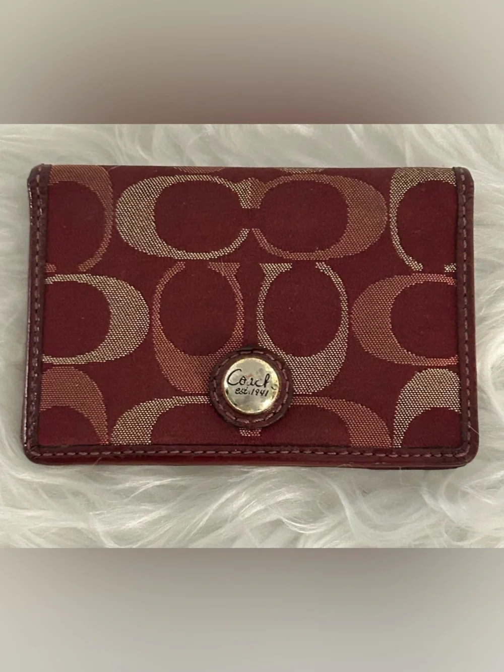 Coach Signature Burgundy Canvas Leather Wallet Mini Compact ID Holder - Picture 3 of 7